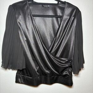 Paperoc Black Wrap Satin Top Blouse Chic Flutter Sleeve Whimsigoth Womens Medium
